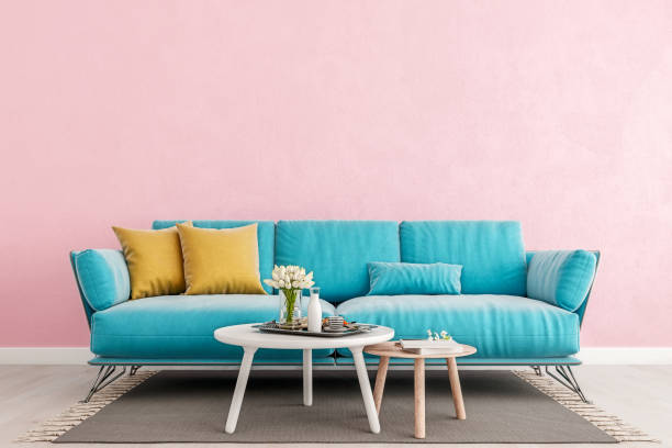 istock Living room millennial pink interior wall mock up with light blue sofa, empty white wall with free space above on top, 3D render, 3D illustration 1178635697