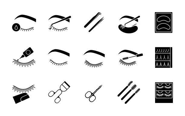 illustrations, cliparts, dessins animés et icônes de ensemble d'icônes de glyphe d'extension de cils - applying make up flash