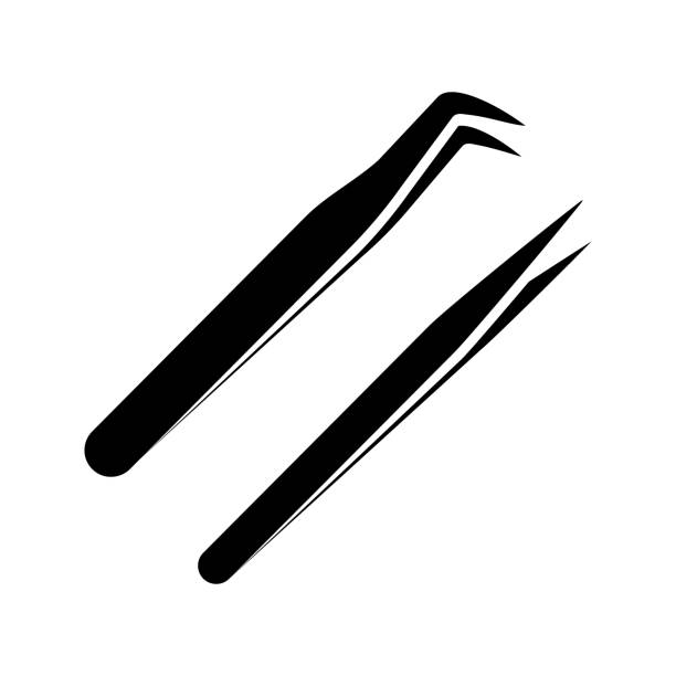 Eyelash extension tweezers glyph icon Eyelash extension tweezers glyph icon. Silhouette symbol. Straight and curved pointed tweezers. Hair removal tools. Negative space. Vector isolated illustration hair threading stock illustrations