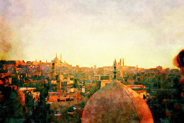 illustrazione ad acquerello dello skyline della città egiziana - islamismo illustrazioni foto e immagini stock