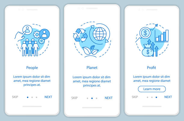 ilustrações de stock, clip art, desenhos animados e ícones de sustainable development onboarding mobile app page screen vector template - tbl
