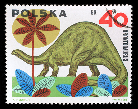 Postmark - Brontosaurus isolated on black background