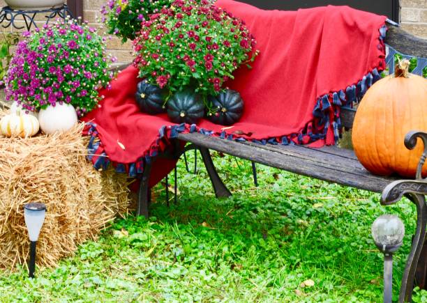 istock Beautiful fall decor outdoors bench blanket mums straw hay bale autumn acorn squash pumpkins iron heart celebrate welcome cozy 1178644399