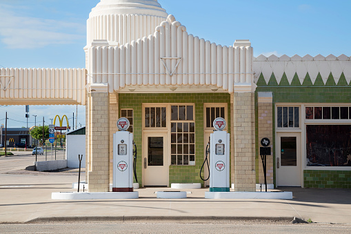 The U-Drop Inn, also known as Tower Station and U-Drop Inn and Tower Café, built in 1936 in Shamrock, Texas along the historic Route 66 highway.