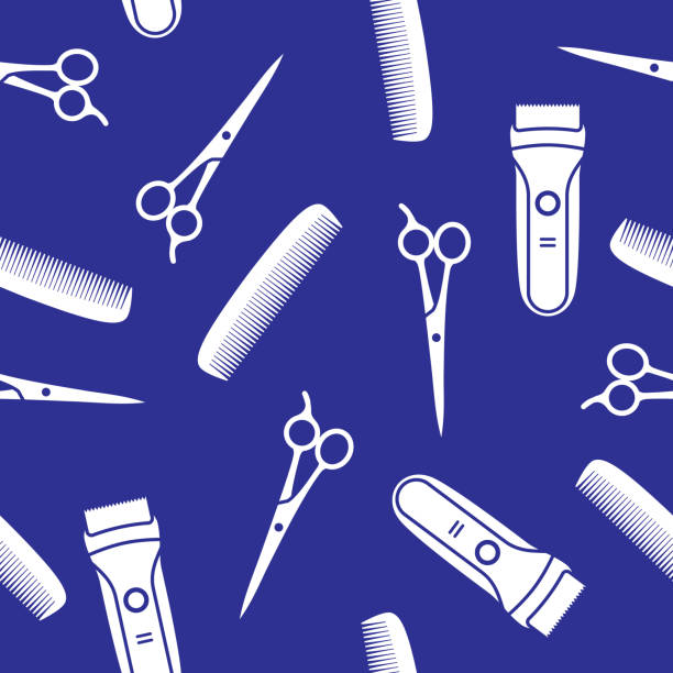 Hair Cutting Tools Pattern Silhouette Vector illustration of scissors, razors, and combs in a repeating pattern. stubble stock illustrations