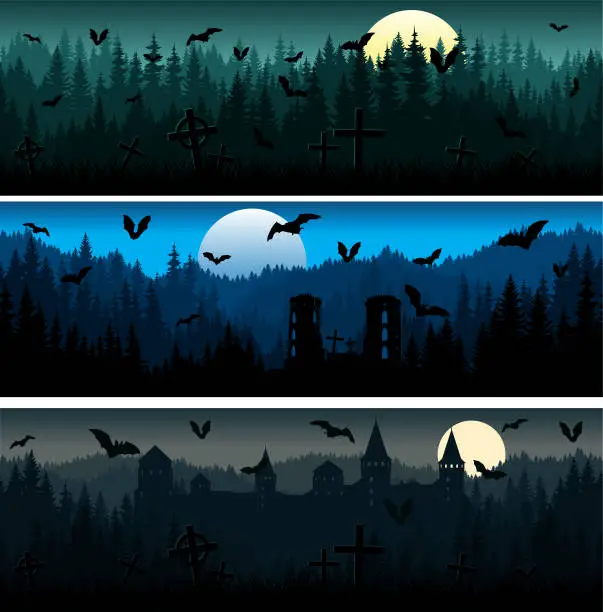 Vector illustration of set of vector Scary Halloween mountains forest background texture seamless pattern with woodland, castles and bats
