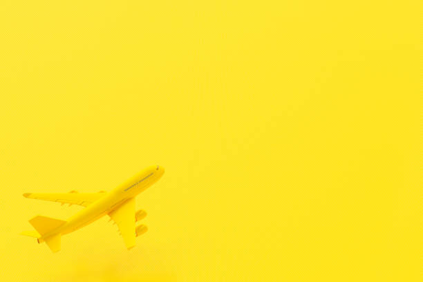 Airplane flying on yellow background. minimal idea concept, 3D Render.