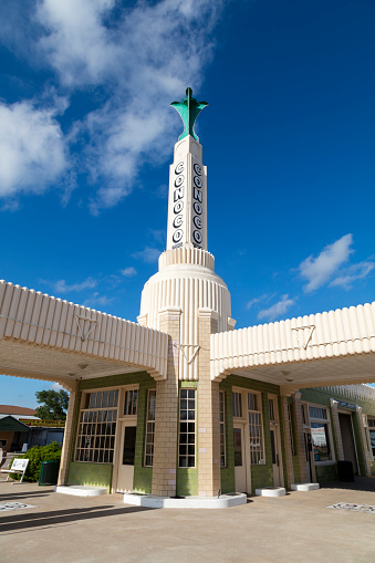 The U-Drop Inn, also known as Tower Station and U-Drop Inn and Tower Café, built in 1936 in Shamrock, Texas along the historic Route 66 highway.