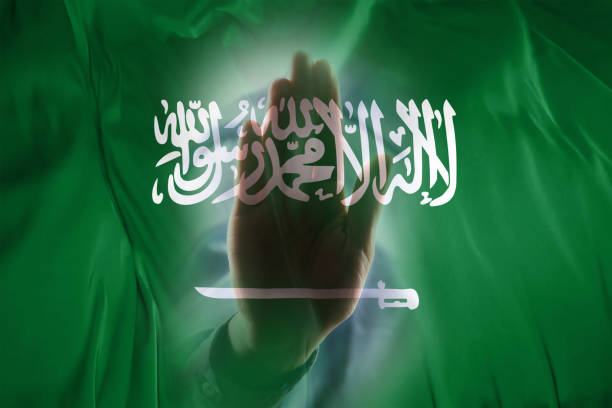 saudi arabia flag mit hand stop sign / flaggenkonzept (mehr klicken) - jihad stock-fotos und bilder