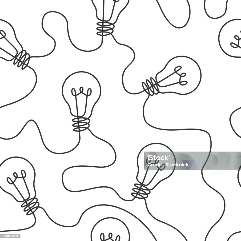 lamp one line seamless Continuous line drawing of lamps on white background. Seamless pattern. Vector illustration Light Bulb stock vector