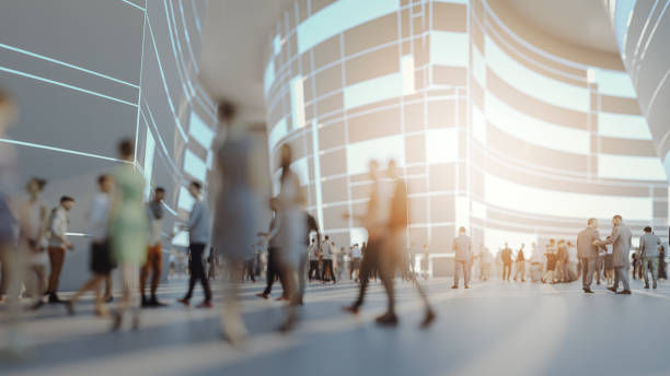 Crowds of people walking on futuristic street Crowds of people walking on futuristic street. This is entirely 3D generated image. mall walker stock pictures, royalty-free photos & images