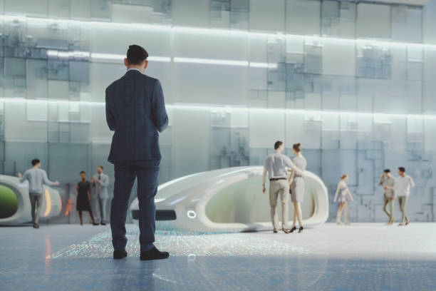 istock Futuristic street with people and vehicles 1178672203