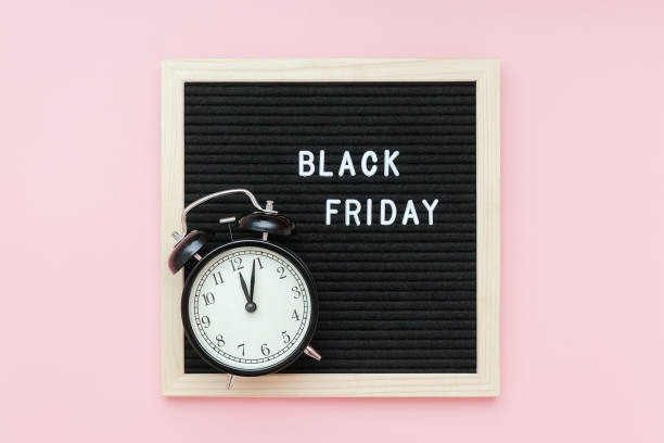 istock Text Black friday on black letter board and alarm clock on pink background. Concept Black friday , season sales time. Flat lay Top view Copy space Template layout for your design 1178677666