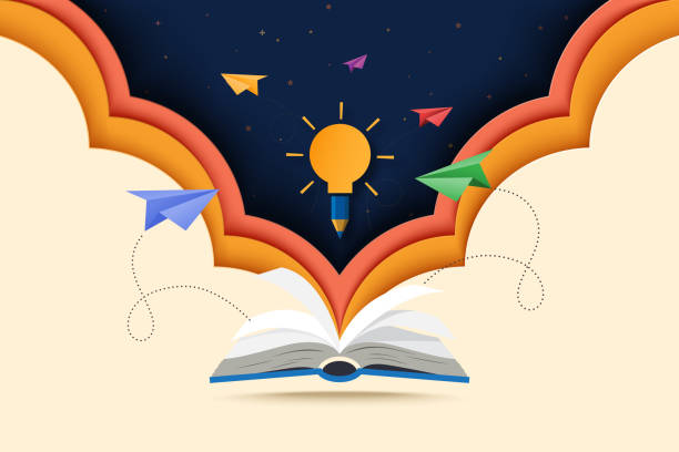 ilustraciones, imágenes clip art, dibujos animados e iconos de stock de arte cortado en papel de libro abierto con aprendizaje, educación y explorar el concepto. - hojas volar eps