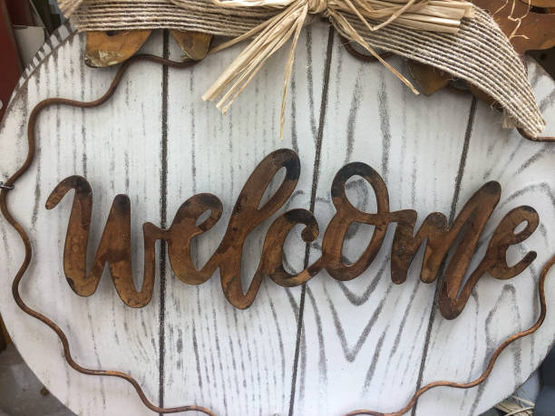 istock White and brown wooden welcome sign 1178681968