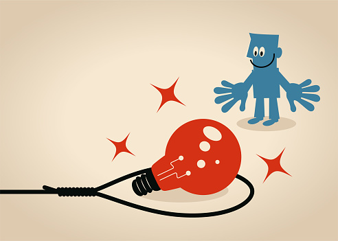 Blue Little Guy Characters Full Length Vector Art Illustration.
Businessman looking at a big idea light bulb inside the noose trap.