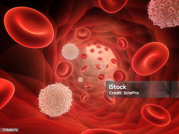 A 3d Rendering Of A Bunch Of Red And White Blood Cells Stock Photo - Download Image Now