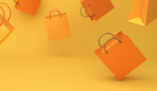 Empty orange color shopping bag on the yellow background, copy space text, Design creative concept for halloween day or autumn sale event. Empty orange color shopping bag on the yellow background, copy space text, Design creative concept for halloween day or autumn sale event. 3D rendering illustration. shopping bag stock pictures, royalty-free photos & images