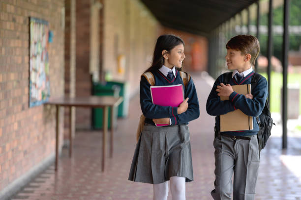 istock Happy students at the school talking on their way to the classroom 1178694007