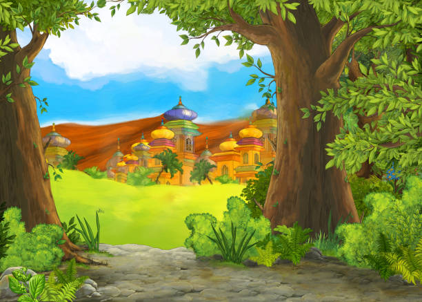 ilustraciones, imágenes clip art, dibujos animados e iconos de stock de escena de la naturaleza de dibujos animados con hermoso castillo - castle fairy tale palace forest