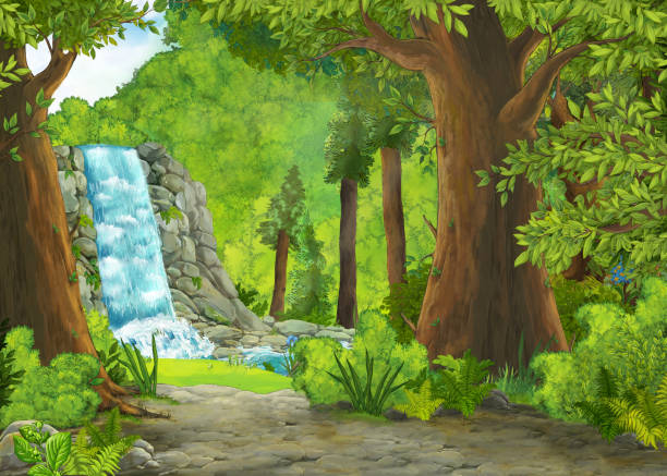 illustrations, cliparts, dessins animés et icônes de scène d'été de dessin animé avec le pré dans la forêt avec la chute d'eau et le ruisseau - nobody tranquil scene nature park