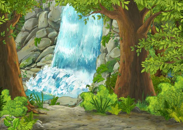 illustrations, cliparts, dessins animés et icônes de scène d'été de dessin animé avec le pré dans la forêt avec la chute d'eau et le ruisseau - nobody tranquil scene nature park