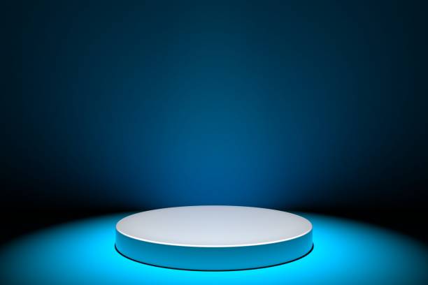 istock Round white stage podium concept illustration isolated on blue background. Festive podium scene for award ceremony. White pedestal for product presentation. 3d rendering 1178696938