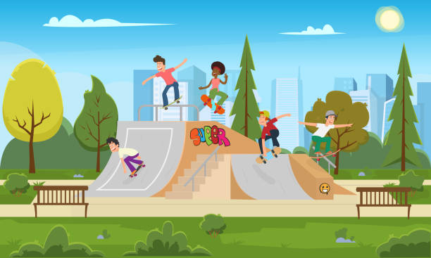 ilustraciones, imágenes clip art, dibujos animados e iconos de stock de jóvenes cabalgan en el parque en el rollerdrome. - skateboarding skateboard park teenager extreme sports