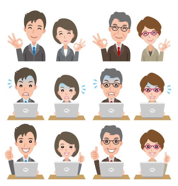 Illustration of facial expression of businessman and businesswoman Male and female upper body vector illustration impatient woman stock illustrations