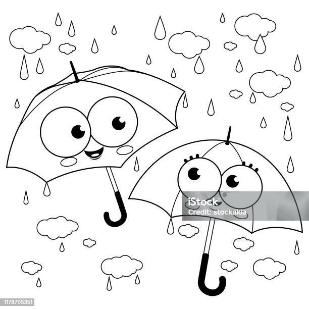 Cute Umbrella Characters In The Rain Vector Black And White Coloring Page  Stock Illustration - Download Image Now - iStock
