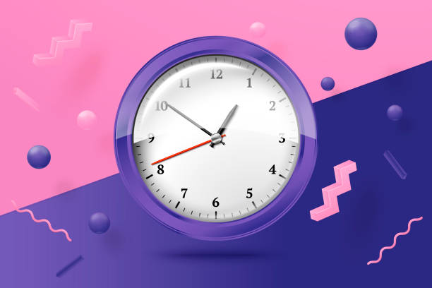 Vector 3d realistic bright watches abstract scene Vector 3d realistic bright watches on abstract scene with violet, pink and white balls and objects. time designs stock illustrations