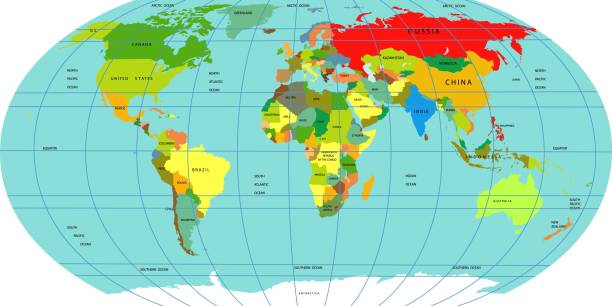 Vector map of the world. A political map of the World. Vector map of the world. A political map of the World. Countries located on different continents are highlighted in different colors. Oceans and continents on a flat projection. Vector illustration equator stock illustrations