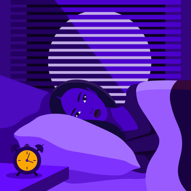 Woman lies in bed with open eyes in the dark room. Night. Insomnia and sleep disorder. Woman lies in bed with open eyes in the dark room. Night. Insomnia and sleep disorder. Vector flat illustration insomnia illustrations stock illustrations