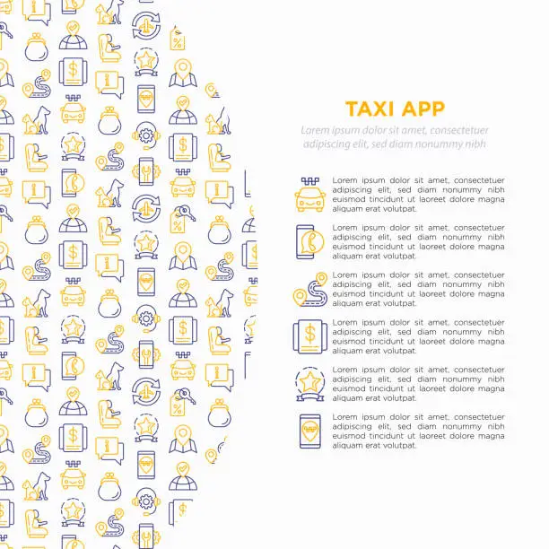 Vector illustration of Taxi app concept with thin line icons: payment method, promocode, app settings, info, support service, route, destination, airport transfer, baby seat. Vector illustration for print media.