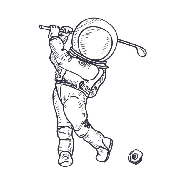 astronauta z kijem golfowym. gra w golfa. kolorowanka. - golf child sport humor stock illustrations