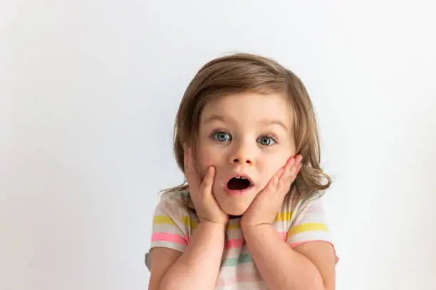 Photo of Surprised shocked toddler child with her hands on cheeks and blue eyes wide open. Baby portrait in surprise
