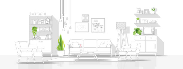 illustrazioni stock, clip art, cartoni animati e icone di tendenza di interior design con soggiorno moderno in schizzo in linea nera su sfondo bianco, vettore, illustrazione - living room