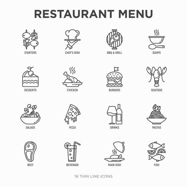 ilustrações de stock, clip art, desenhos animados e ícones de restaurant menu thin line icons set: starters, chef dish, bbq, soup, beef, steak, beverage, fish, salad, pizza, wine, seafood, burger. modern vector illustration. - steak dinner lobster wine