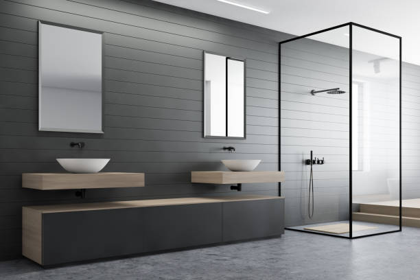 istock Gray bathroom corner, sink and shower 1178727733