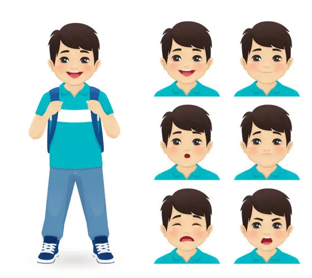 Vector illustration of School asian boy emotions