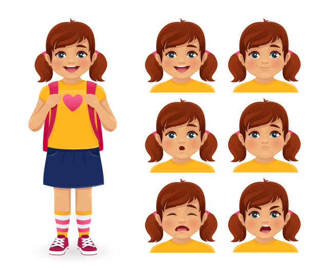 School girl emotions School girl with backpack emotions set isolated vector illustration sad child standing stock illustrations