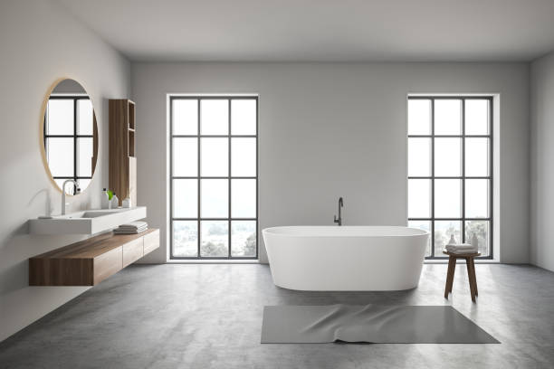 istock White loft bathroom interior with tub and sink 1178728157