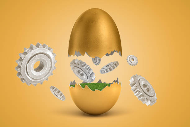 istock 3d rendering of gold egg cracked in two, lower half with green grass inside, upper half in air, with several cogwheels levitating around. 1178728201