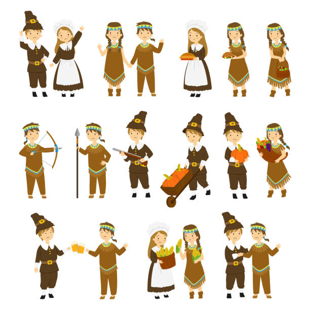 illustrazioni stock, clip art, cartoni animati e icone di tendenza di set vettoriale personaggi cartone animato del ringraziamento - indian ethnicity ethnic indigenous culture indian culture