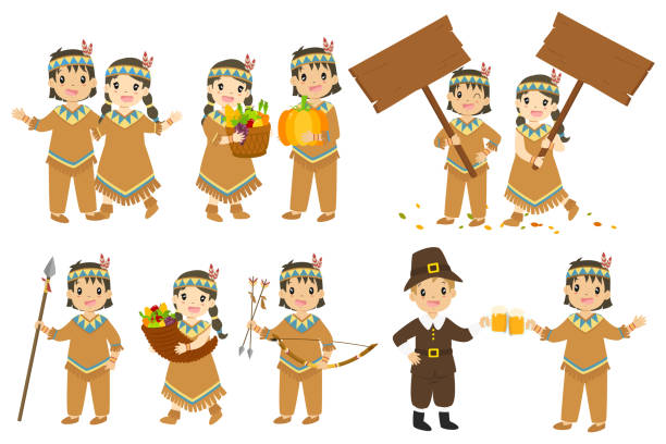 ilustrações de stock, clip art, desenhos animados e ícones de happy thanksgiving native american couple vector set - cornucopia november pumpkin leaf