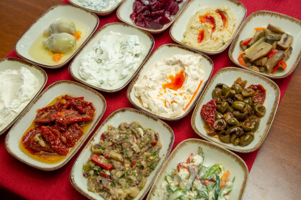 istock turkish appetizer plates stock red background 1178729304