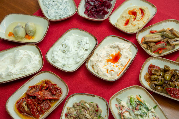 istock turkish appetizer plates stock red background 1178729361