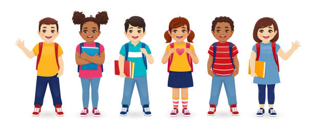 School children set Smiling school children boys and girls with backpacks and books set isolated vector illustration. Multiethnic cute kids. cartoon kids stock illustrations