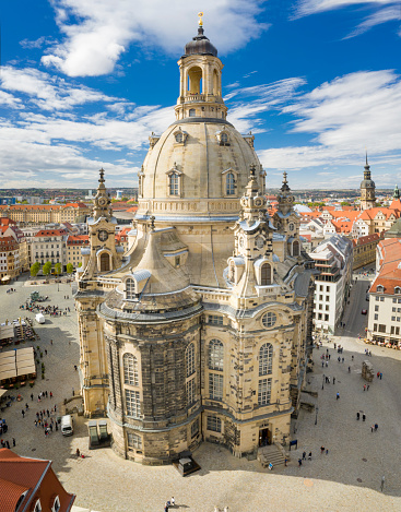 Aerial of the famous Frauenkirche, Dresden Skyline, Germany. Converted from RAW.