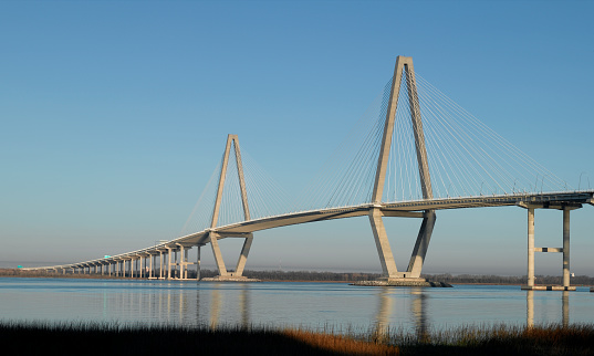 panorama of the Clark Bridge, a cable-stayed bridge across the Mississippi River between West Alton, Missouri and Alton, Illinois.